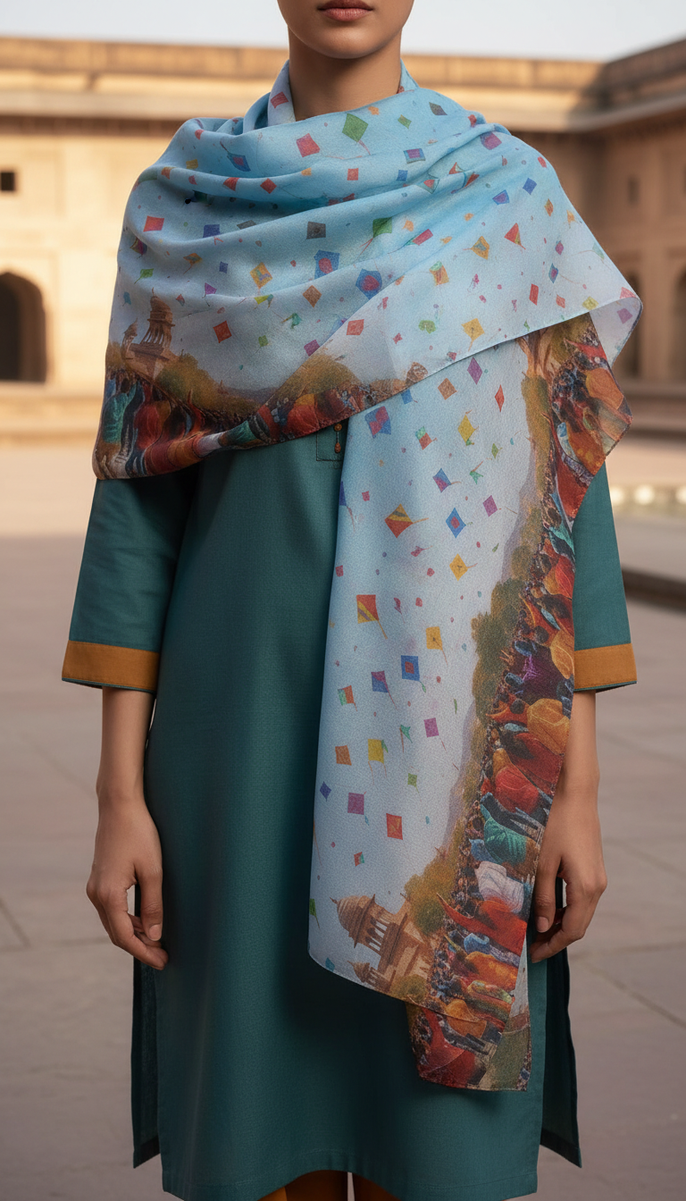 Sky Blue Digital Printed Apple Silk Stole PD6045
