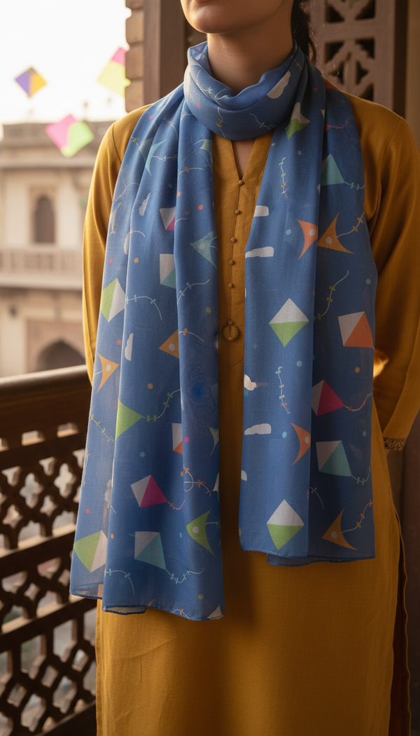 Blue Digital Printed Apple Silk Stole PD6046