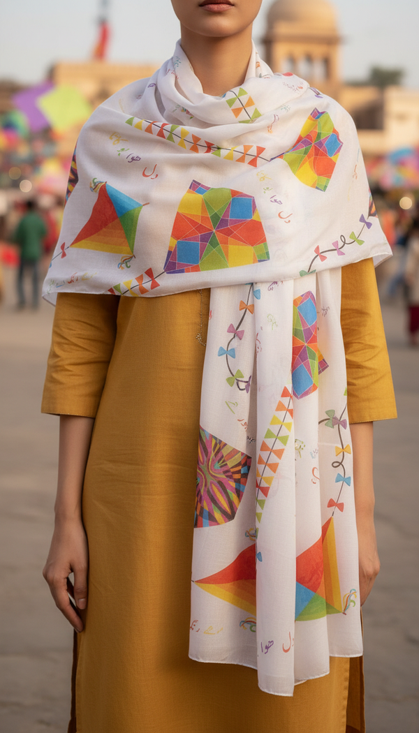 White Digital Printed Apple Silk Stole PD6048