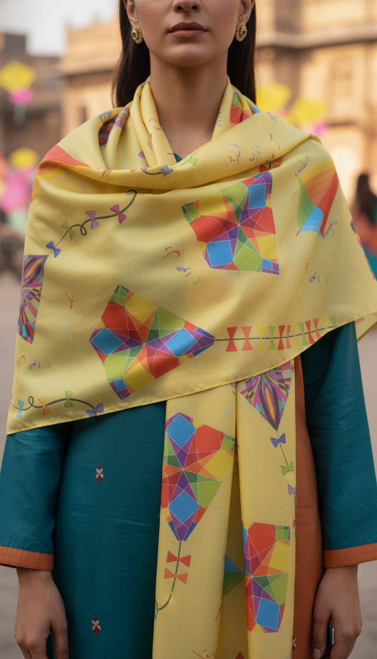 Yellow Digital Printed Apple Silk Stole PD6049