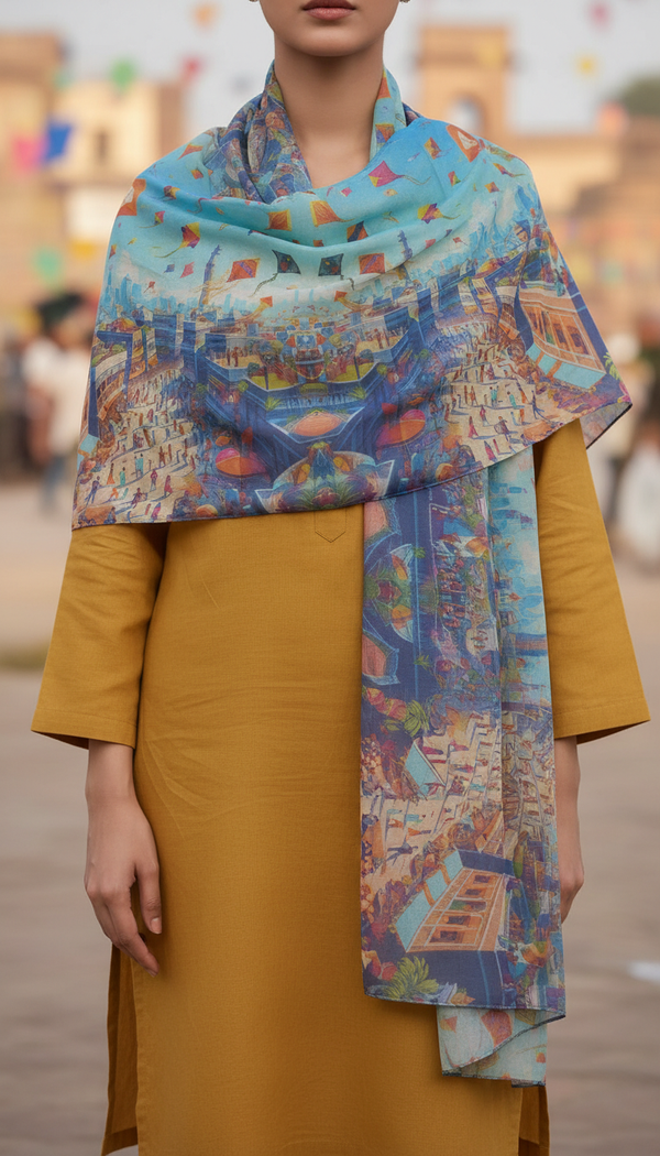 Blue Digital Printed Apple Silk Stole PD6050