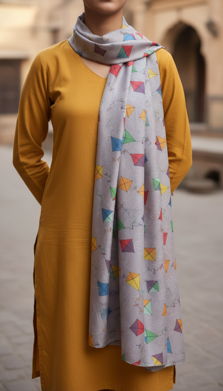 Grey Digital Printed Apple Silk Stole PD6053