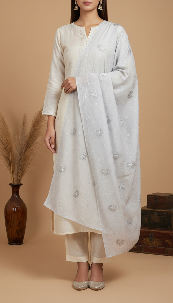 White Embellished Cotton Shawl PD6061