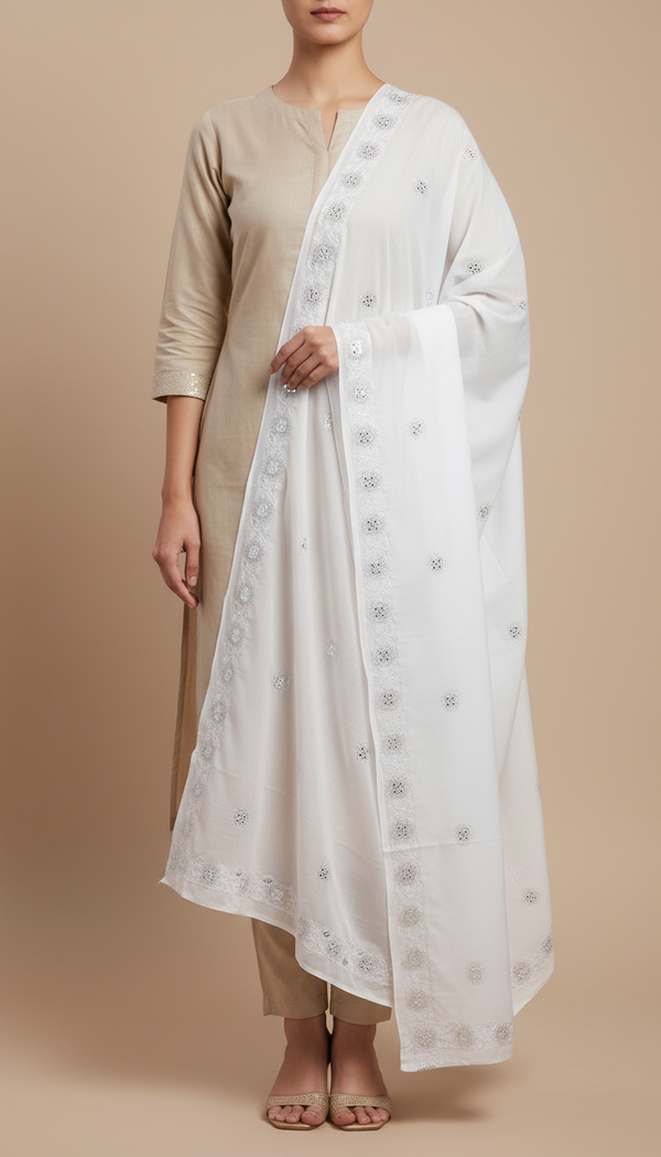 White Embellished Cotton Shawl PD6062