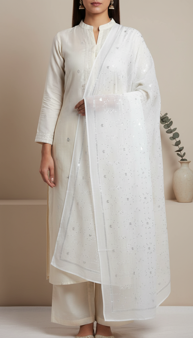 White Embellished Cotton Shawl PD6066