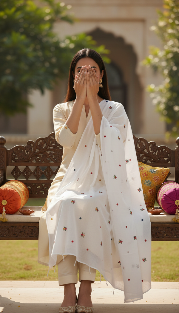 White Embellished Cotton Shawl PD6067