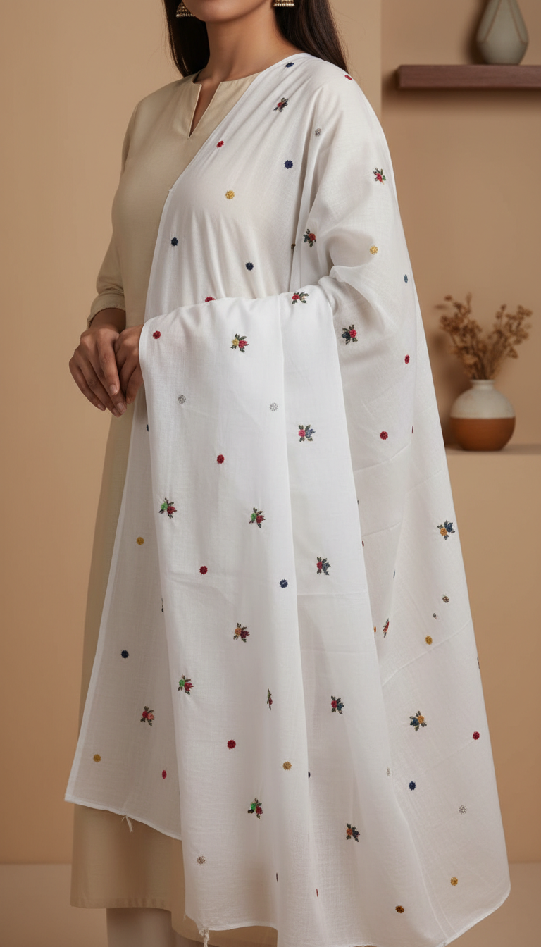 White Embellished Cotton Shawl PD6067