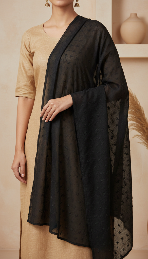Black Embellished Cotton Shawl PD6073