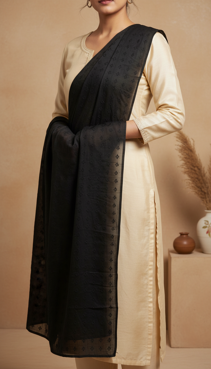 Black Embellished Cotton Shawl PD6073