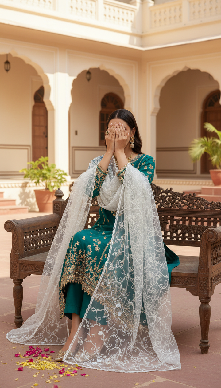 White Embellished Net Dupatta PD6078