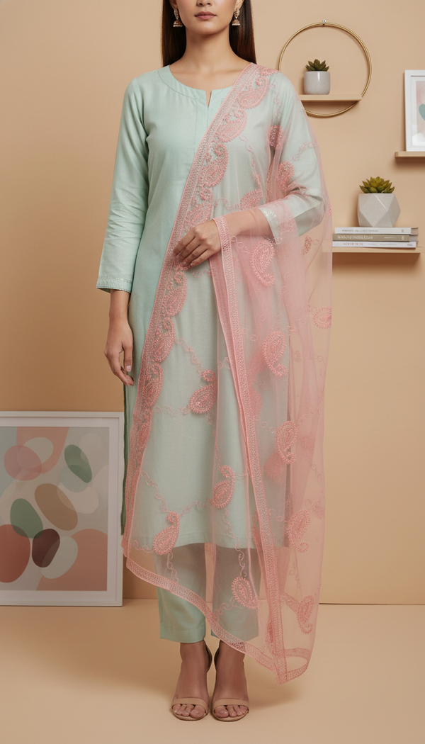 Pink Embellished Net Dupatta PD6078