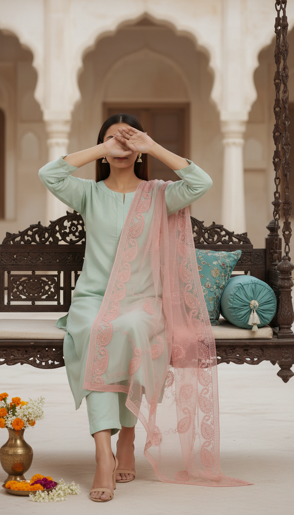 Pink Embellished Net Dupatta PD6078