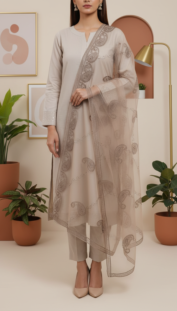 Beige Embellished Net Dupatta PD6078