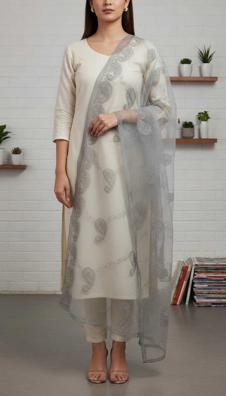 Grey Embellished Net Dupatta PD6078