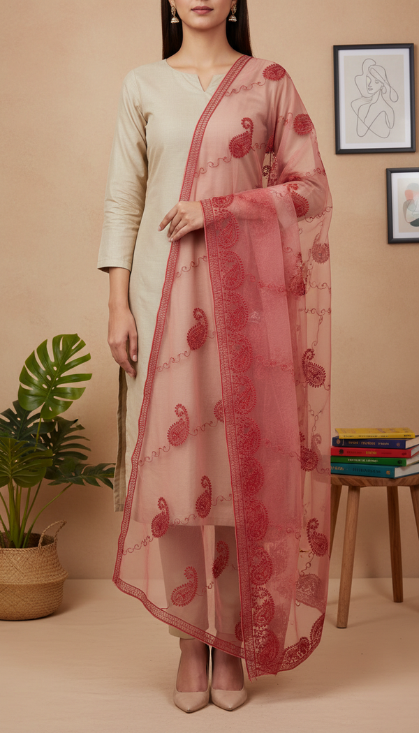 Red Embellished Net Dupatta PD6078