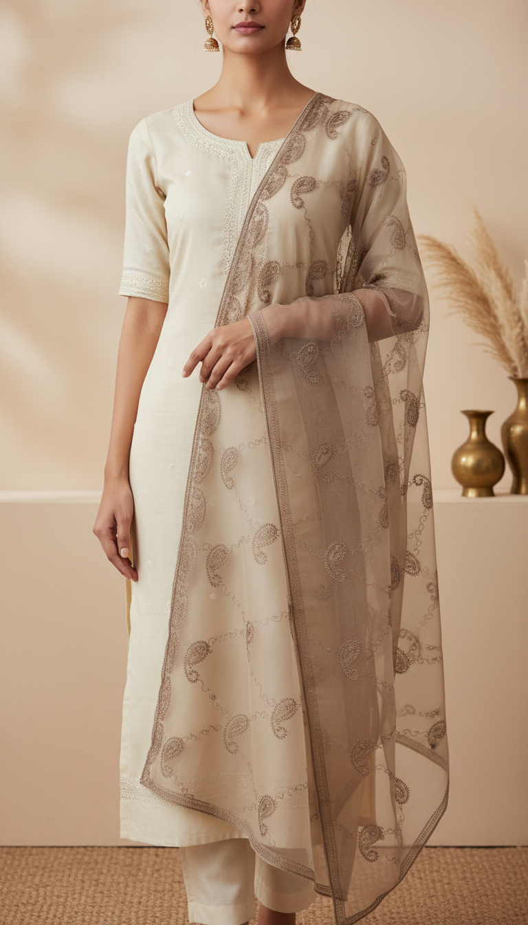 Beige Embellished Net Dupatta PD6078