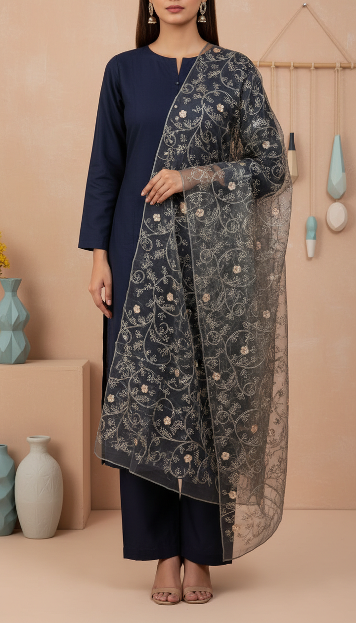 Black Embellished Net Dupatta PD6080