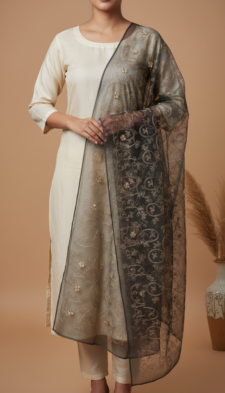 Black Embellished Net Dupatta PD6080