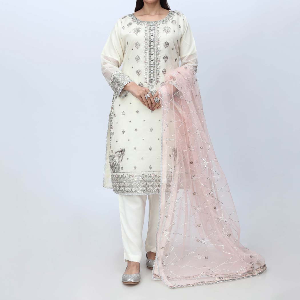 White 3PC- Embellished Organza Suit PF3058