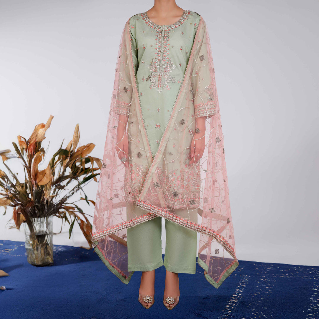 3PC- Embellished Khaddi Net Suit PF4008