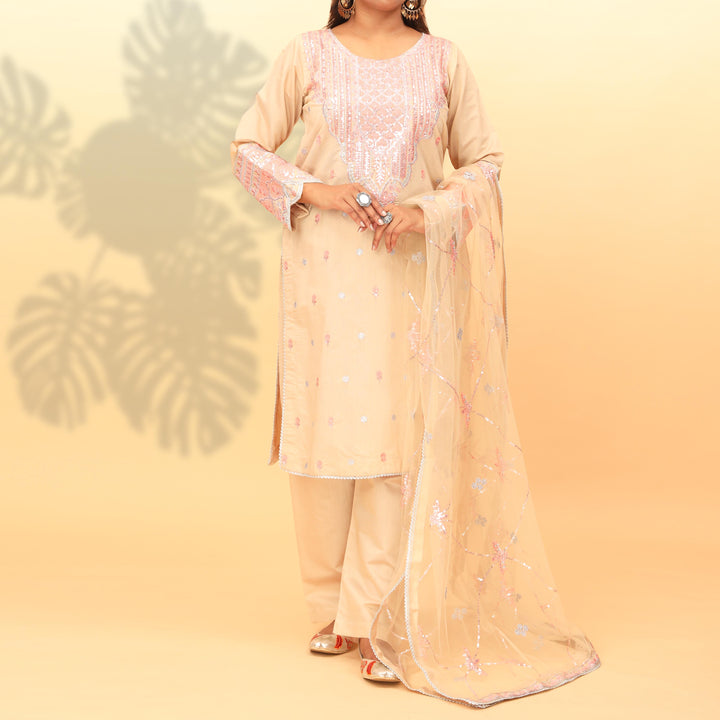 3PC- Embellished Khaddi Net Suit PF4015