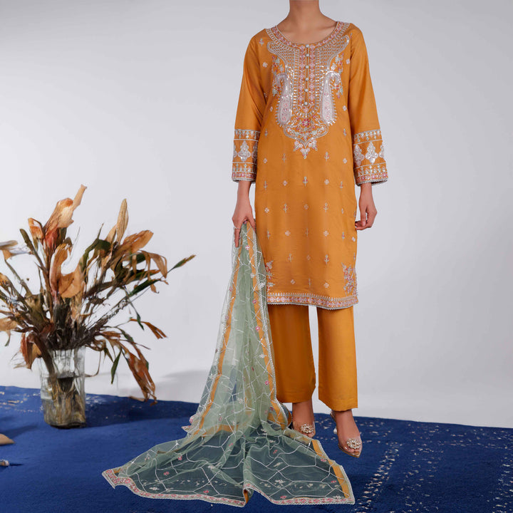 3PC- Embellished Khaddi Net Suit PF4016