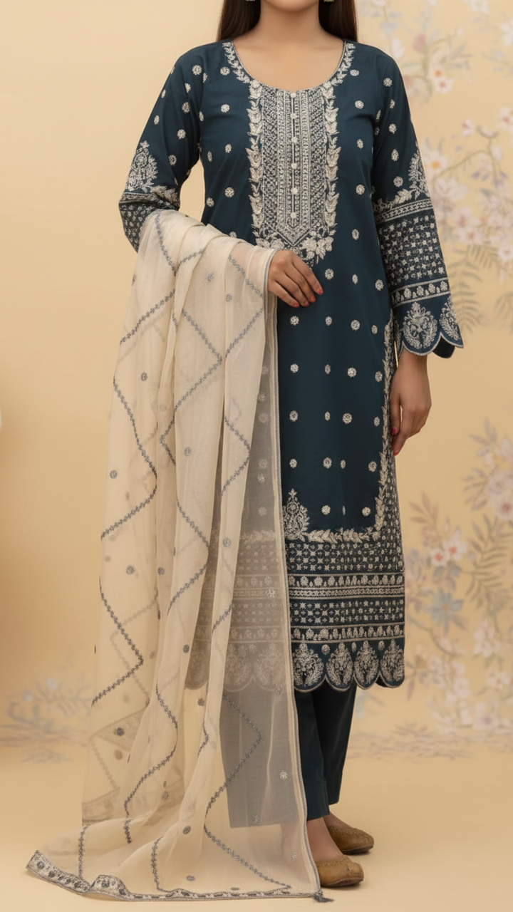 3PC- Embroidered Khadi Net Suit PF5041