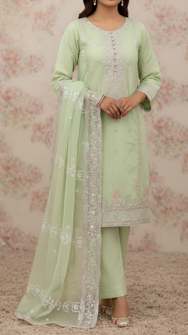 3PC- Embroidered Khadi Net Suit PF5059