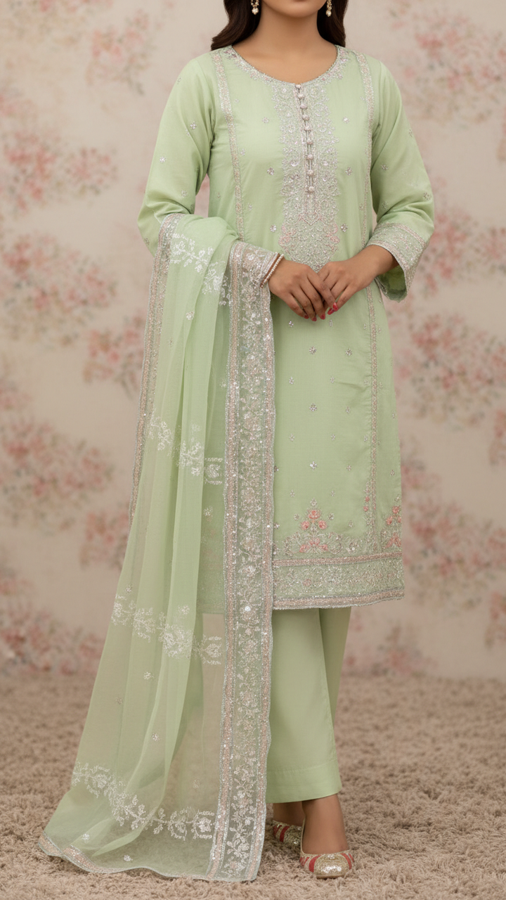 3PC- Embroidered Khadi Net Suit PF5059