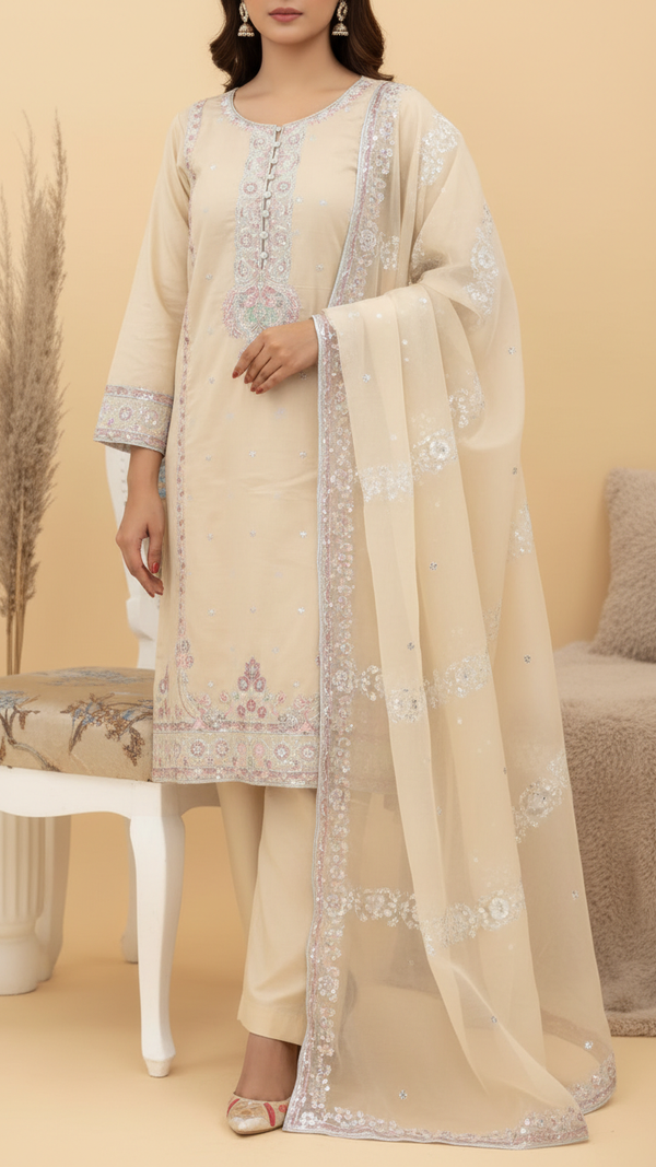 3PC- Embroidered Khadi Net Suit PF5061