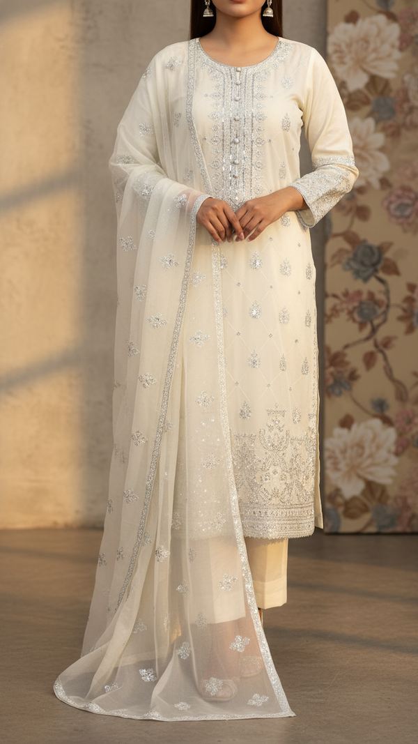 3PC- Embroidered Khadi Net Suit PF5075