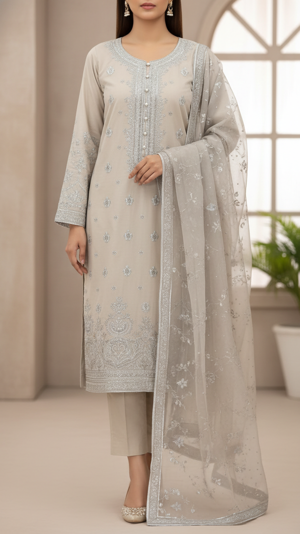 3PC- Embroidered Khadi Net Suit PF5076