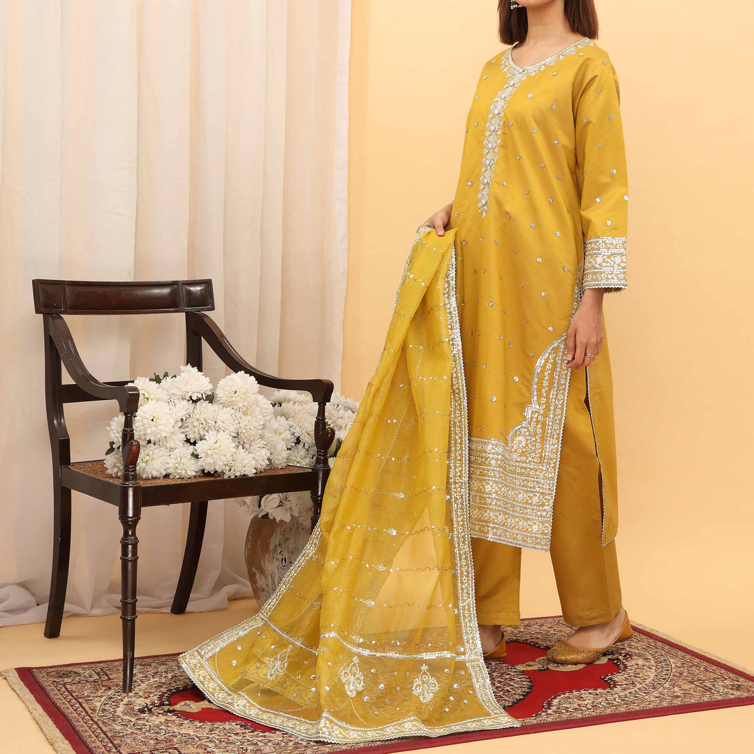 3PC- Embellished Khaddi Net Suit PF5078