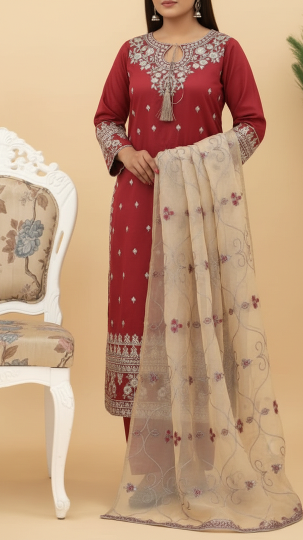 3PC- Embroidered Khadi Net Suit PF5092