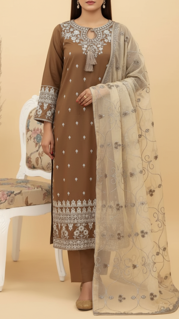 3PC- Embroidered Khadi Net Suit PF5094