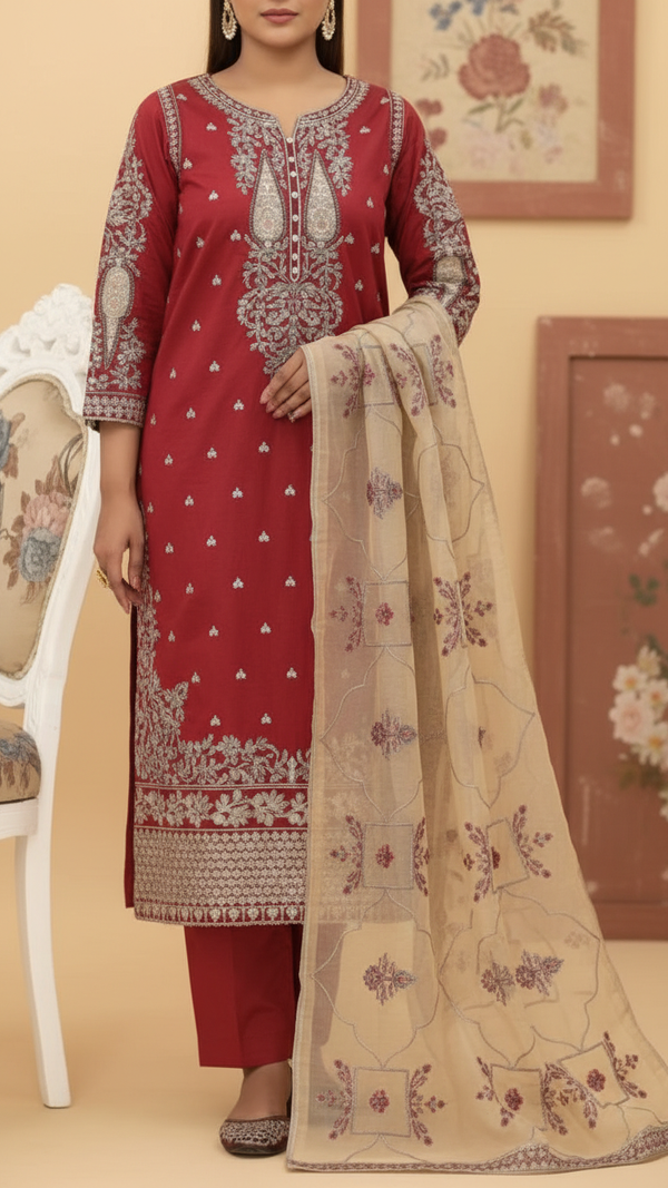 3PC- Embroidered Khadi Net Suit PF5096