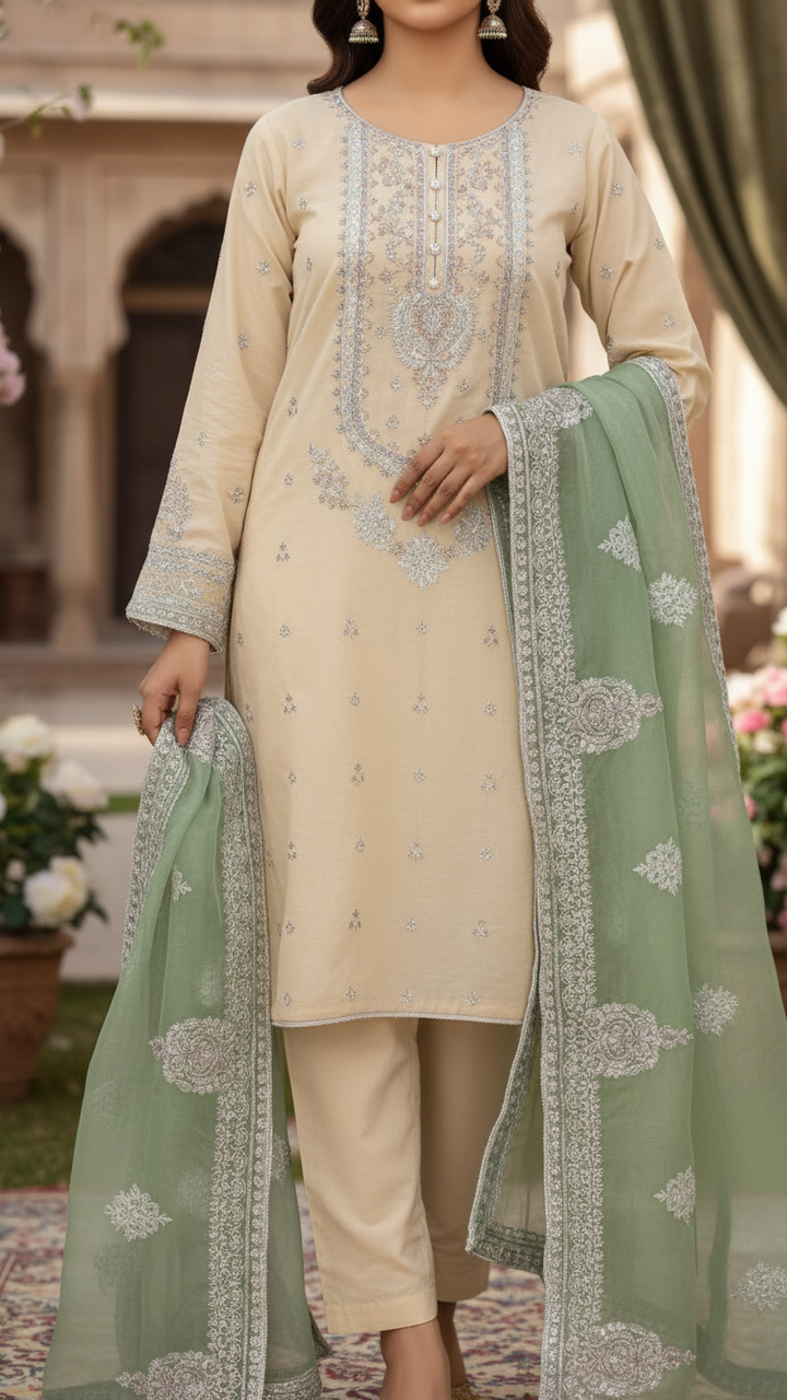 3PC- Embroidered Khadi Net Suit PF5128
