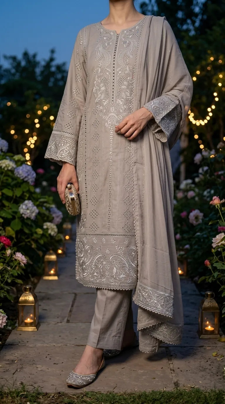 3 PC Embellished Cotton Stitched Suit PF600907