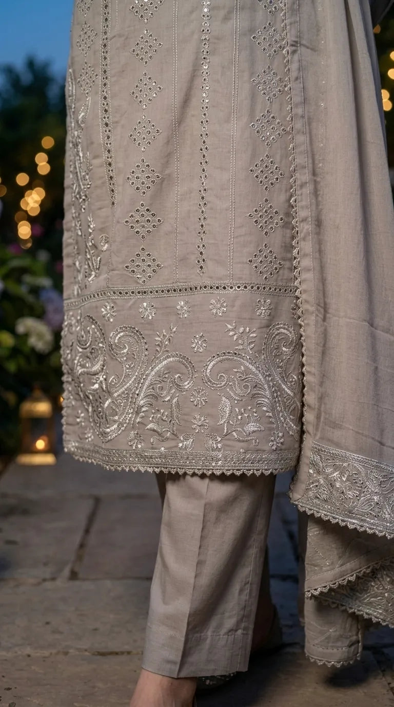 3 PC Embellished Cotton Stitched Suit PF600907