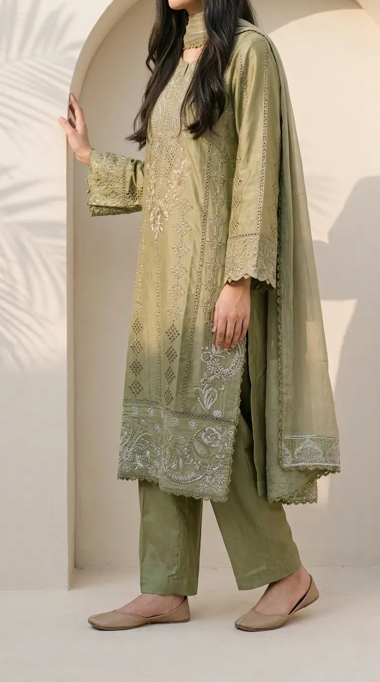 3 PC Embellished Cotton Stitched Suit PF600940