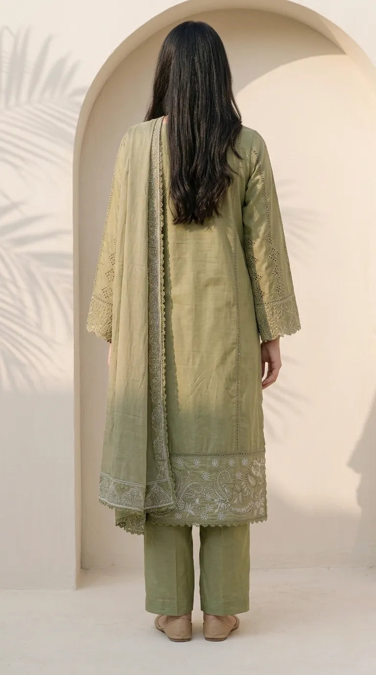 3 PC Embellished Cotton Stitched Suit PF600940