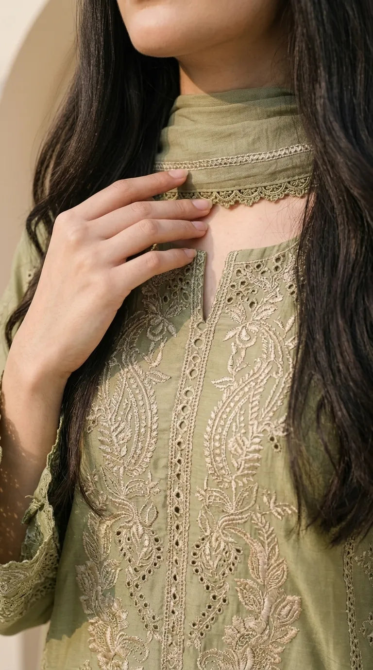 3 PC Embellished Cotton Stitched Suit PF600940
