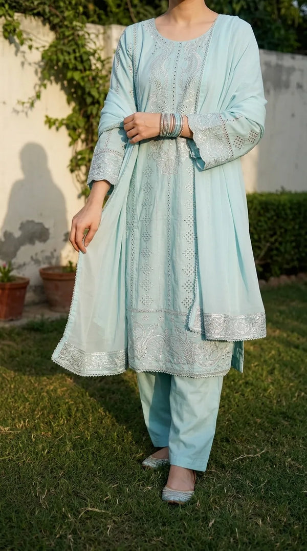 3 PC Embellished Cotton Stitched Suit PF600990