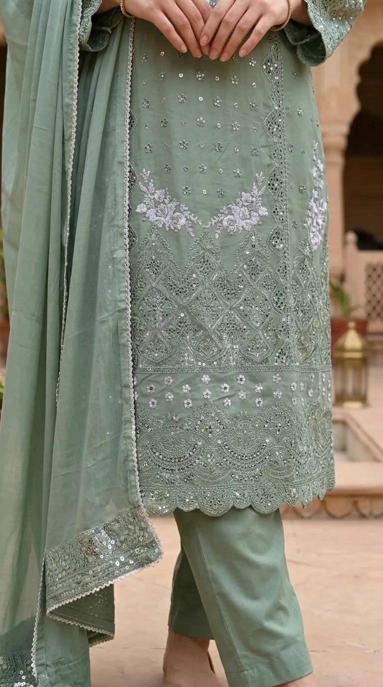 3 PC Embellished Cotton Stitched Suit PF601340