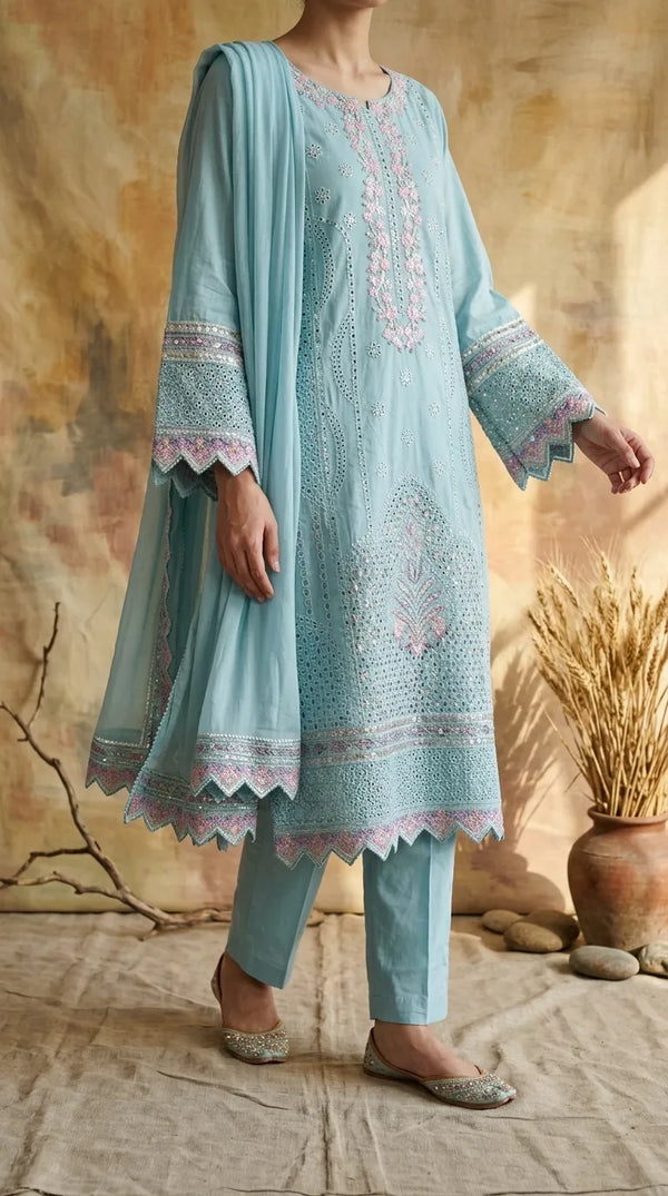 3 PC Embellished Cotton Stitched Suit PF601690