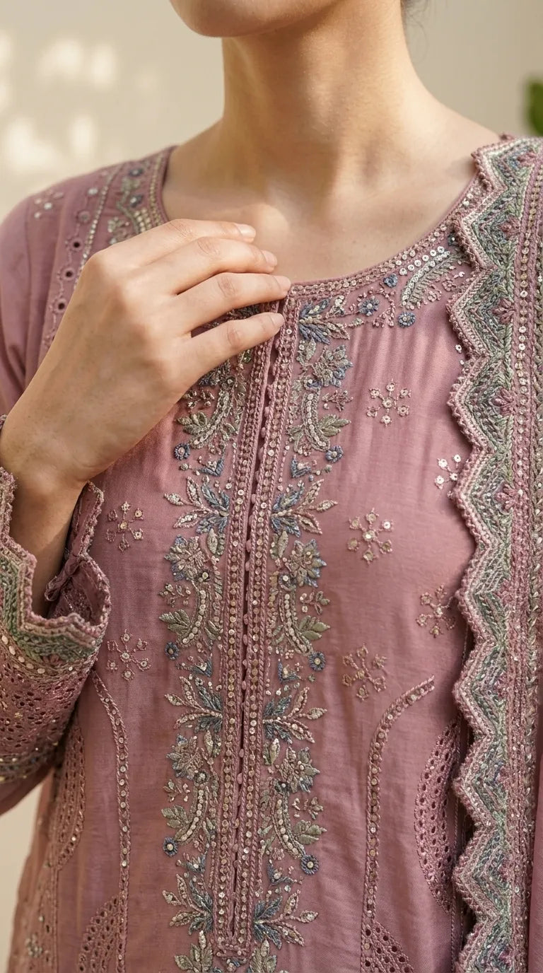 3 PC Embellished Cotton Stitched Suit PF6016B1