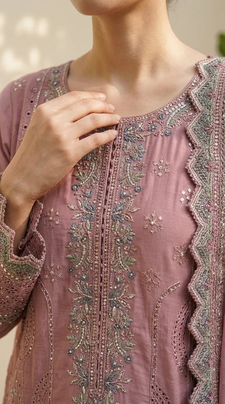 3 PC Embellished Cotton Stitched Suit PF6016B1