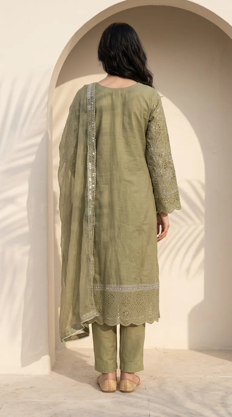 3 PC Embellished Cotton Stitched Suit PF601811