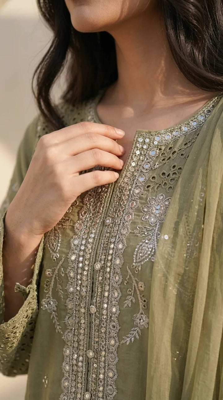 3 PC Embellished Cotton Stitched Suit PF601811