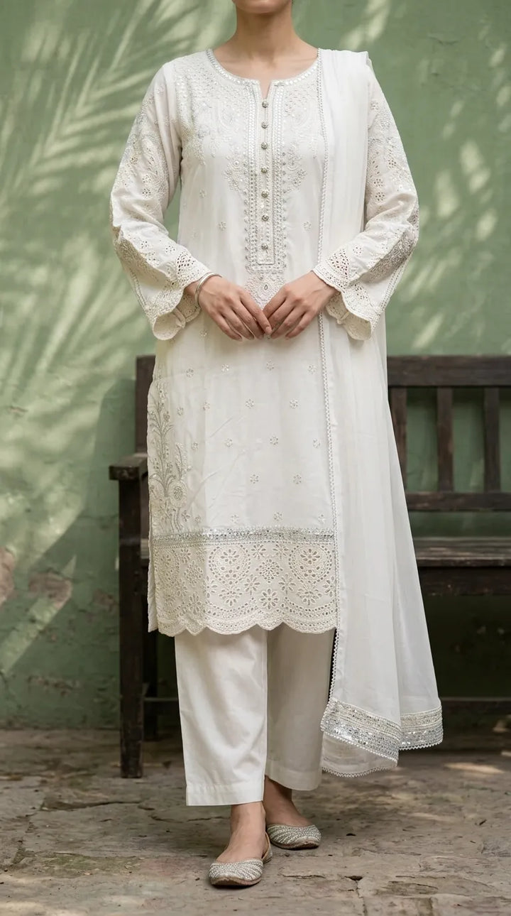 3 PC Embellished Cotton Stitched Suit PF601893